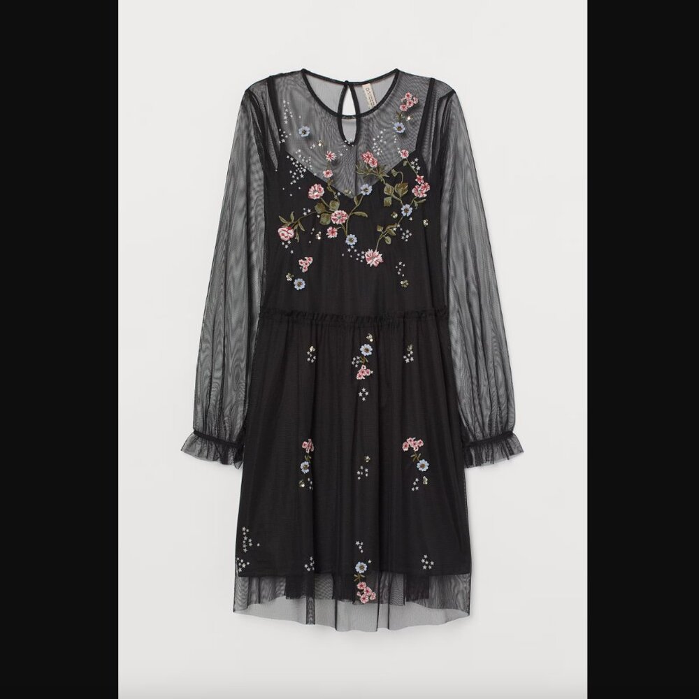 H&M Divided Sheer Black Mesh Slip Dress with Embroidered Flowers